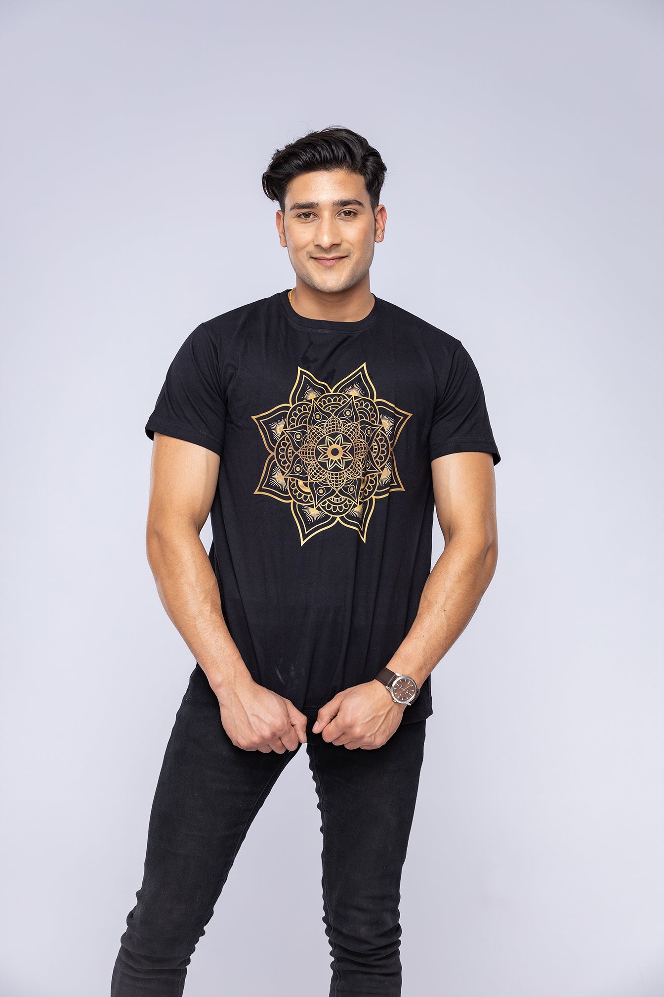 Black mandala t-shirt worn by man