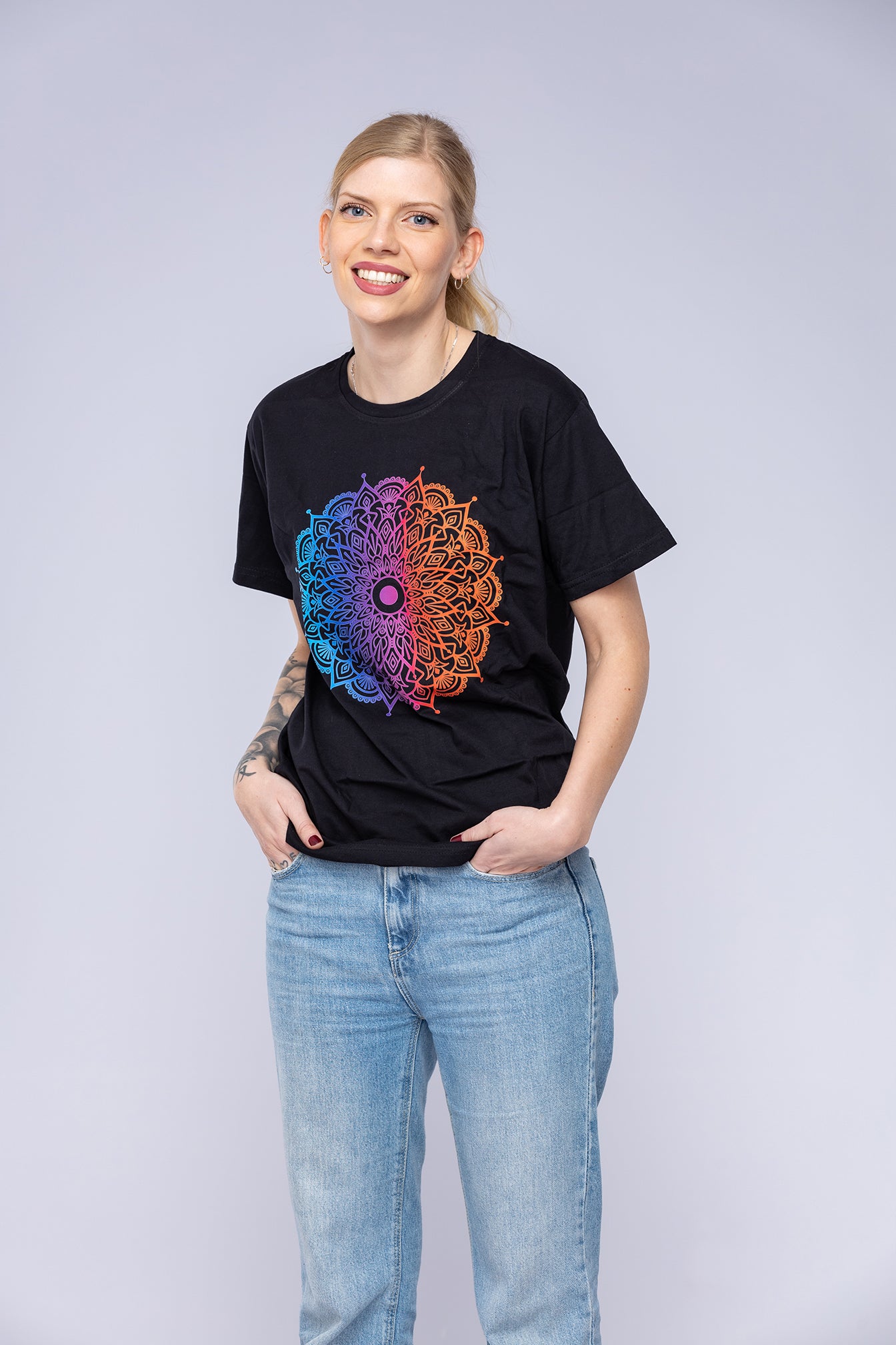 Colourful mandala t-shirt worn by woman