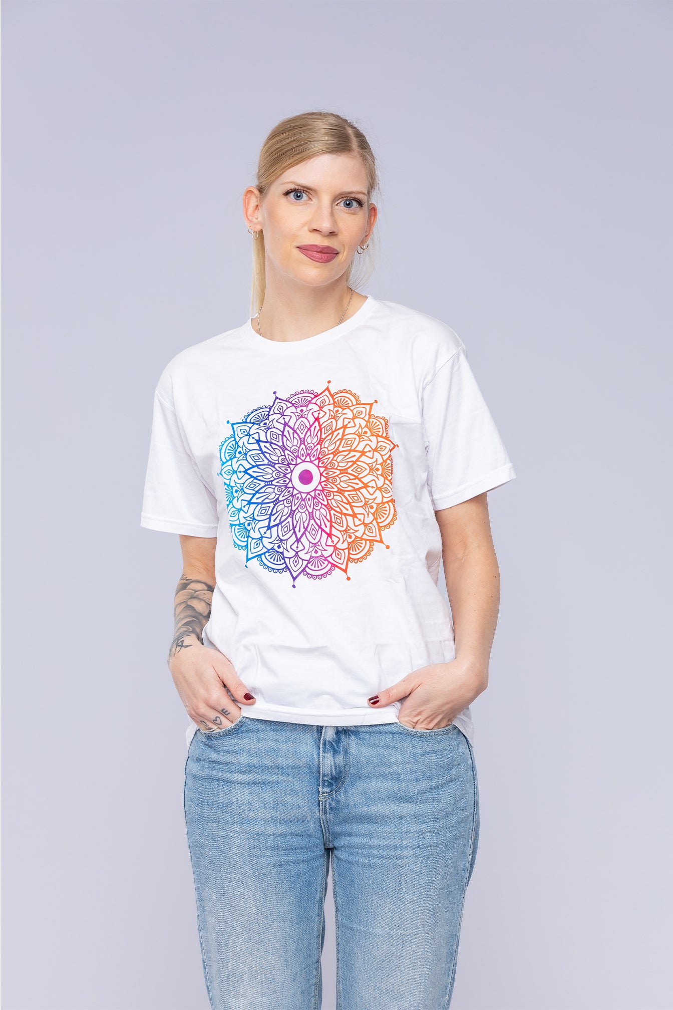 Colourful mandala t-shirt worn by woman