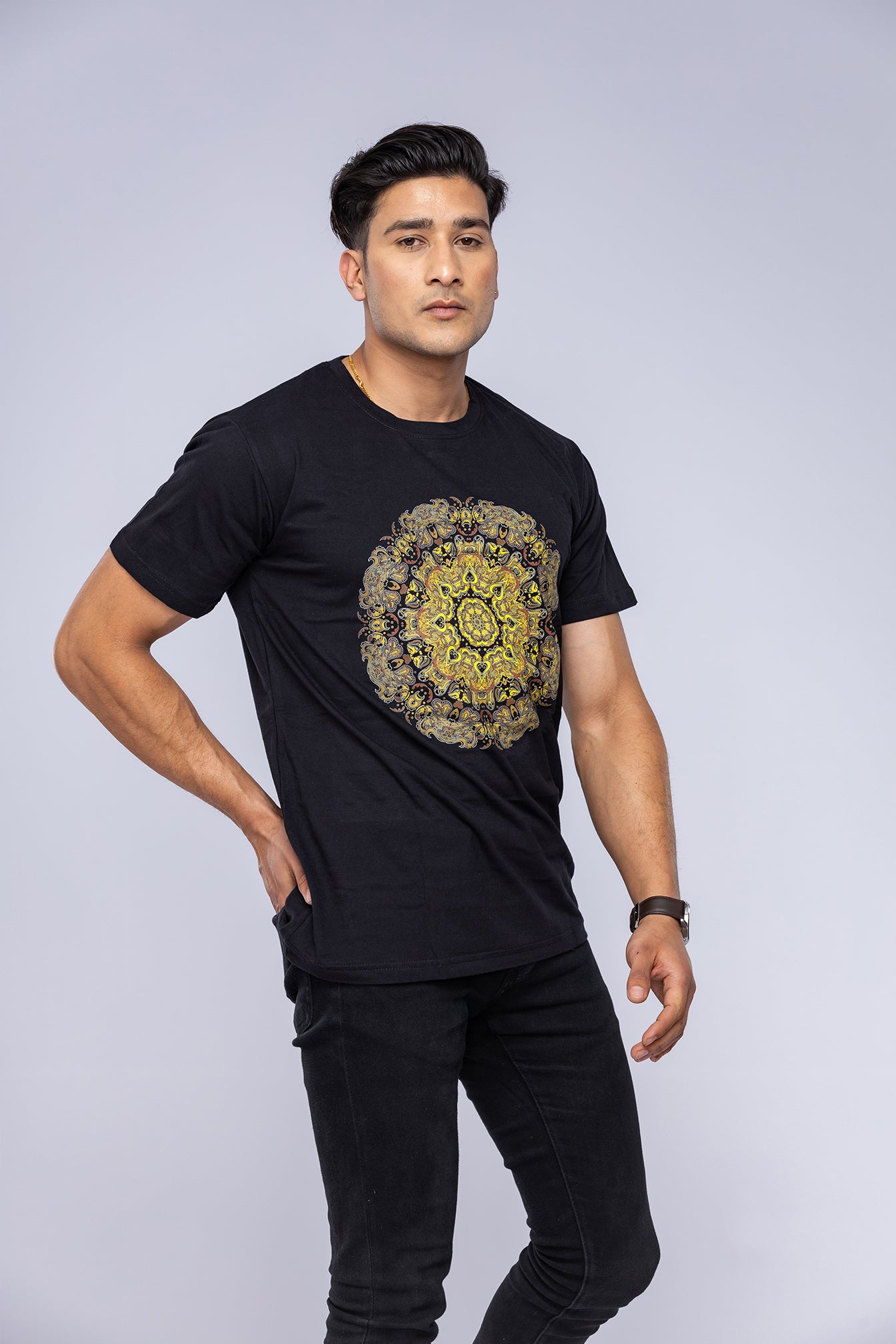 Man wearing black mandala t-shirt