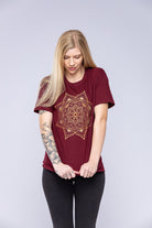 Red mandala t-shirt worn by woman