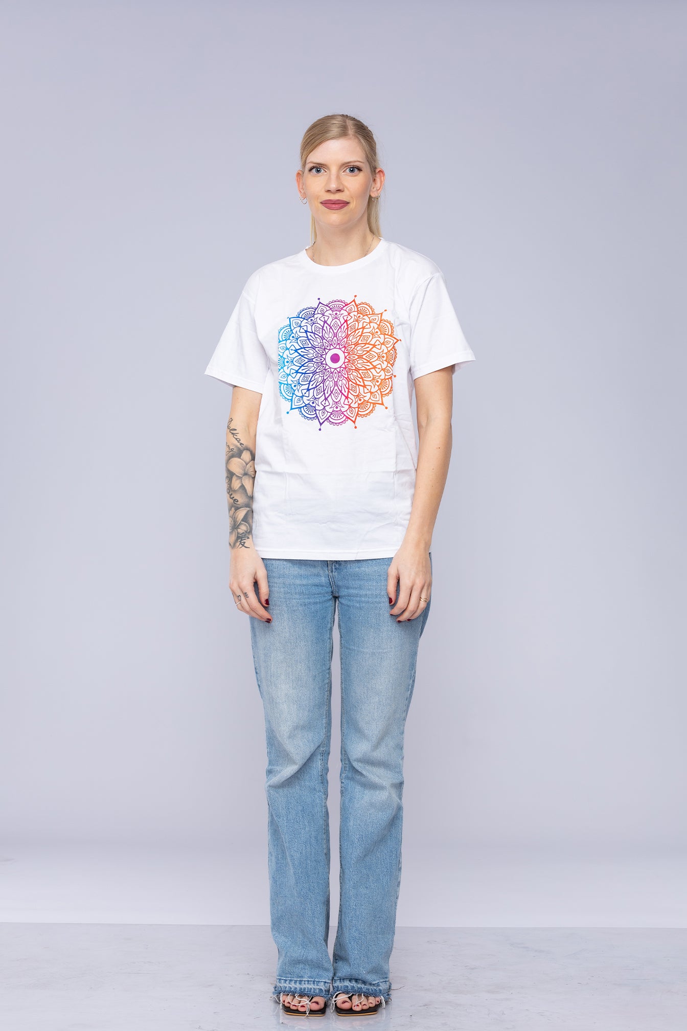 Colourful mandala t-shirt worn by woman