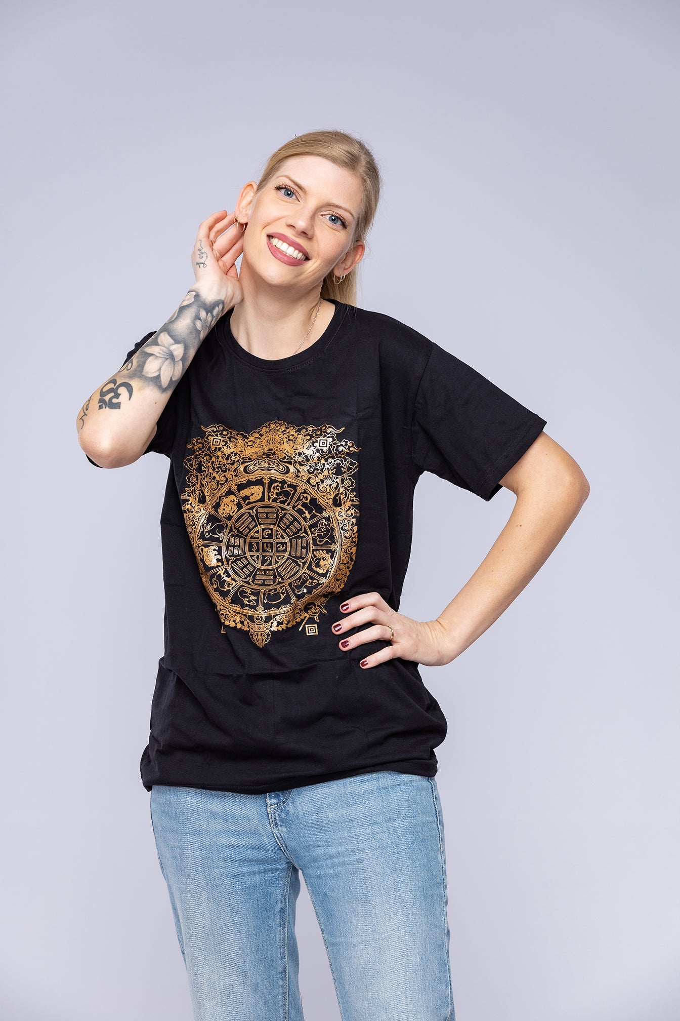 Woman wearring black Tibetan Mandala T-Shirt