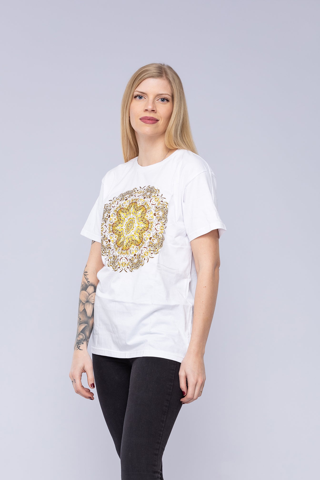 Woman wearing spirit mandala t-shirt