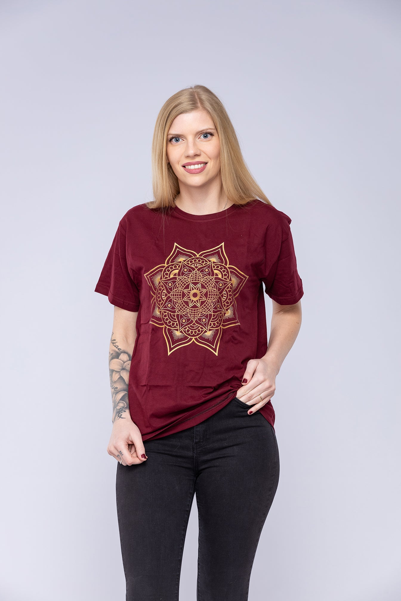 Red mandala t-shirt worn by woman