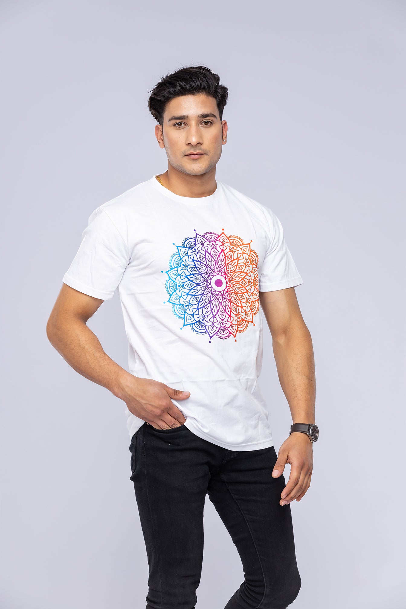 Colourful mandala t-shirt worn by man