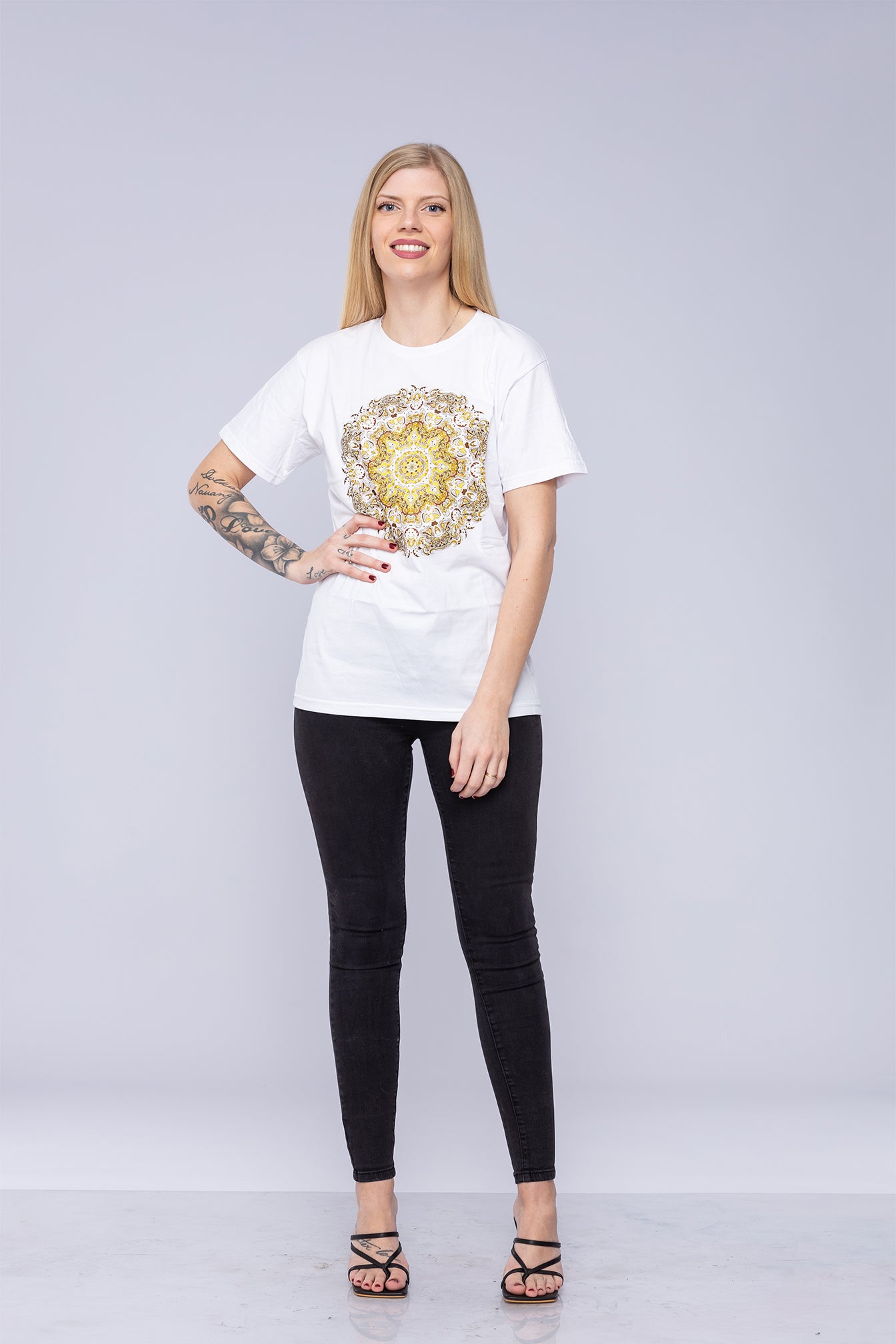 Woman wearing spirit mandala t-shirt