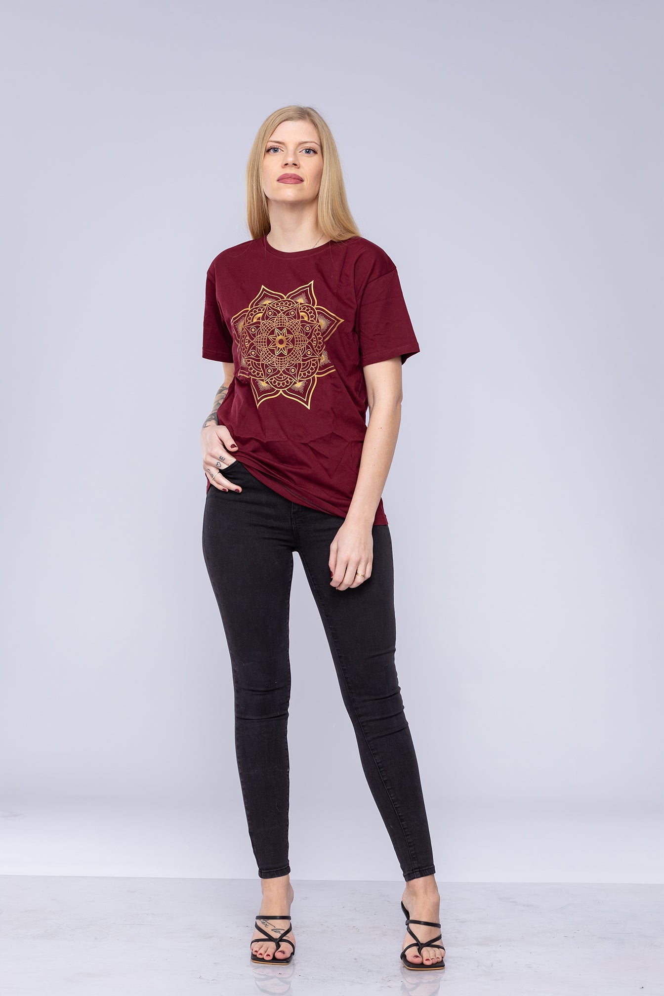 Red mandala t-shirt worn by woman