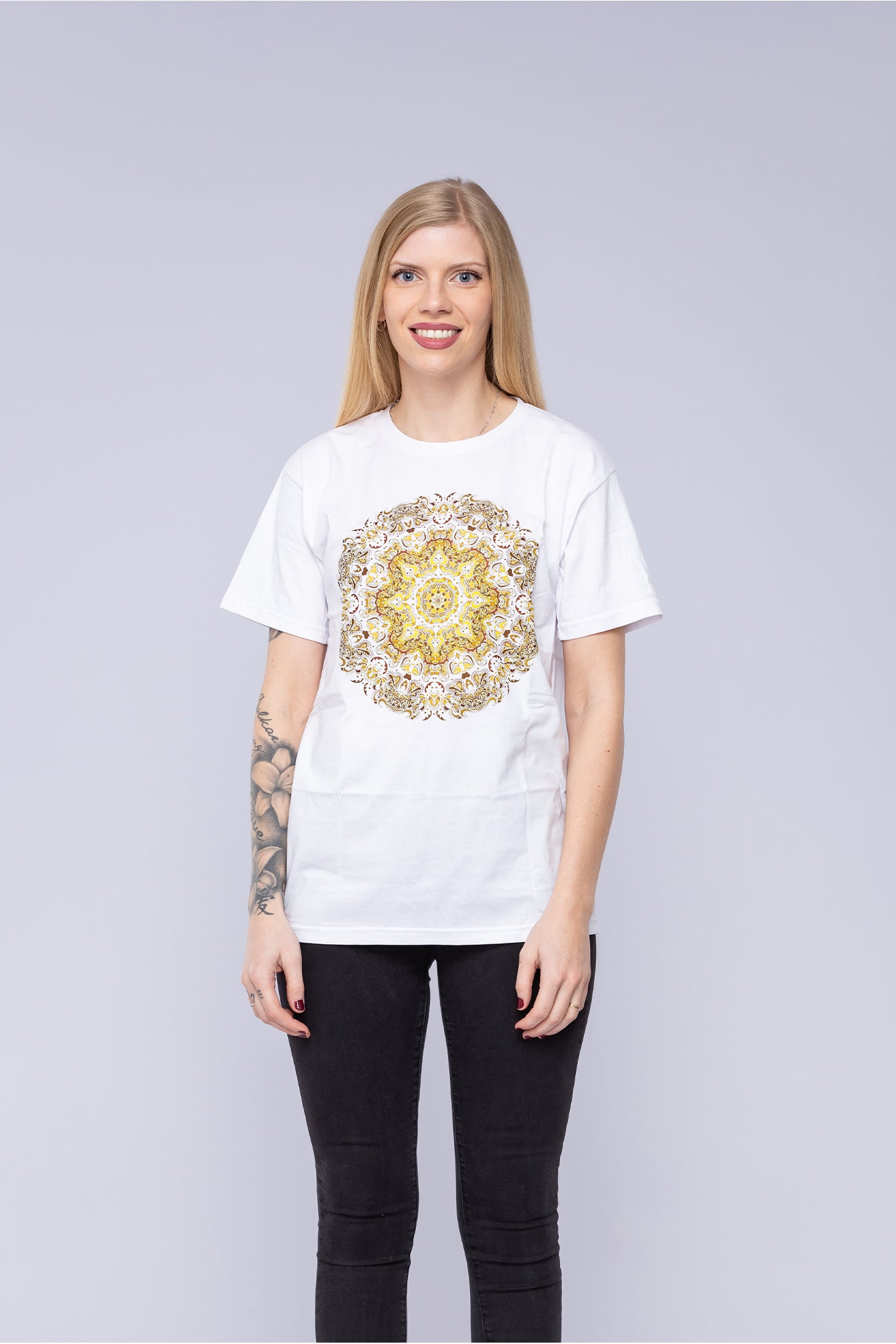 Woman wearing spirit mandala t-shirt