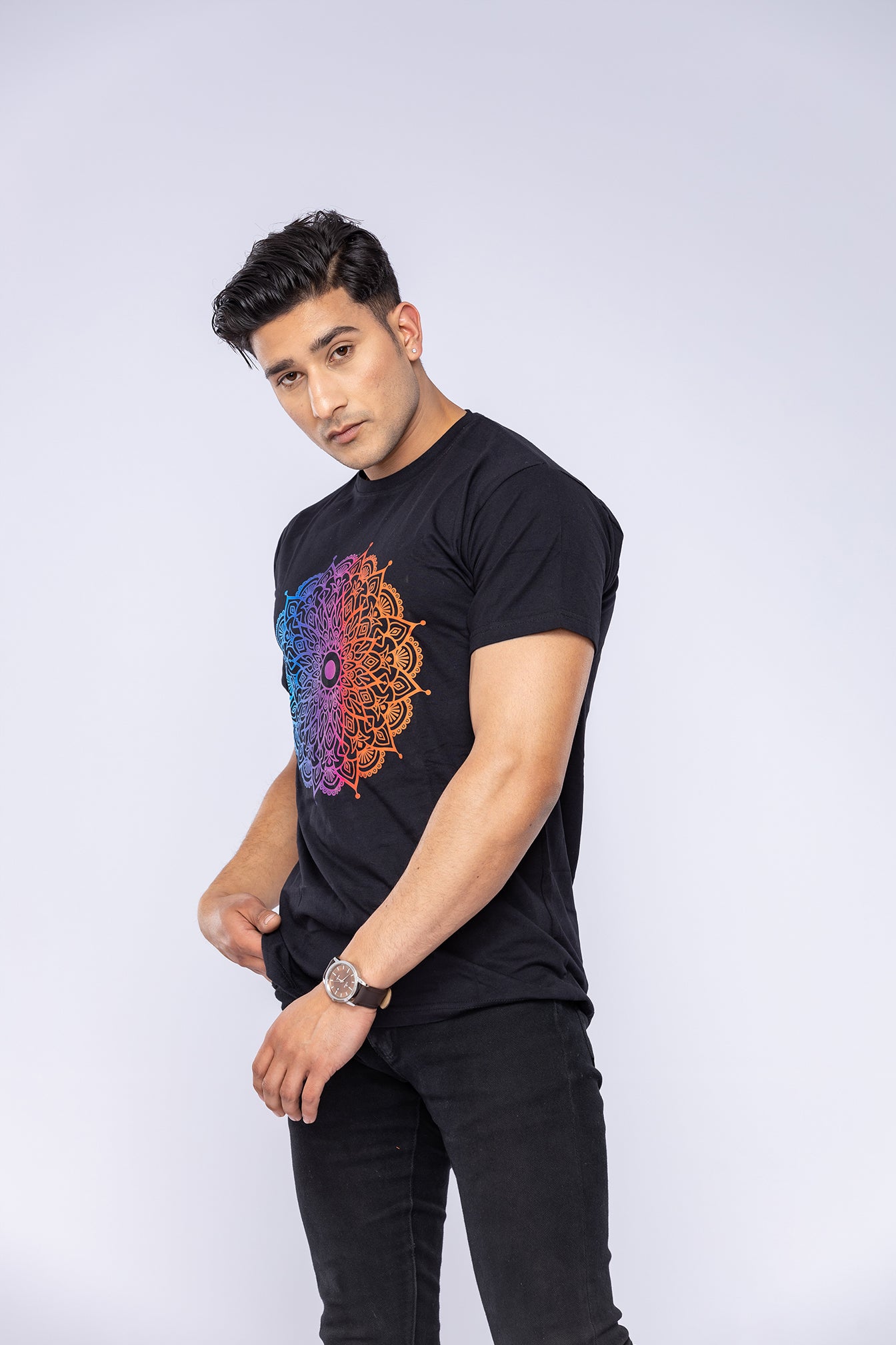 Colourful mandala t-shirt worn by man