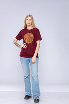 Woman wearing red Vajra mandala t-shirt