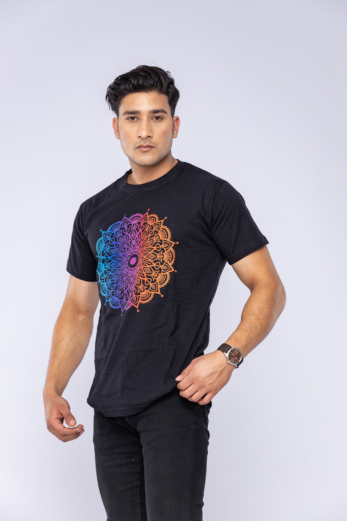 Colourful mandala t-shirt worn by man