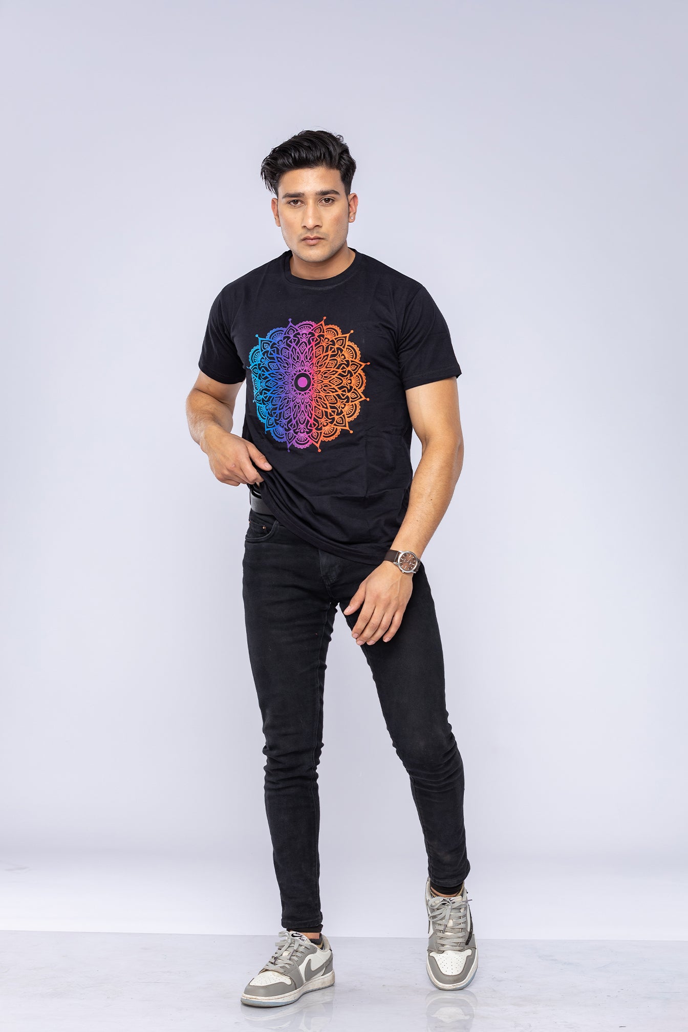 Colourful mandala t-shirt worn by man