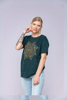 Green mandala t-shirt worn by woman