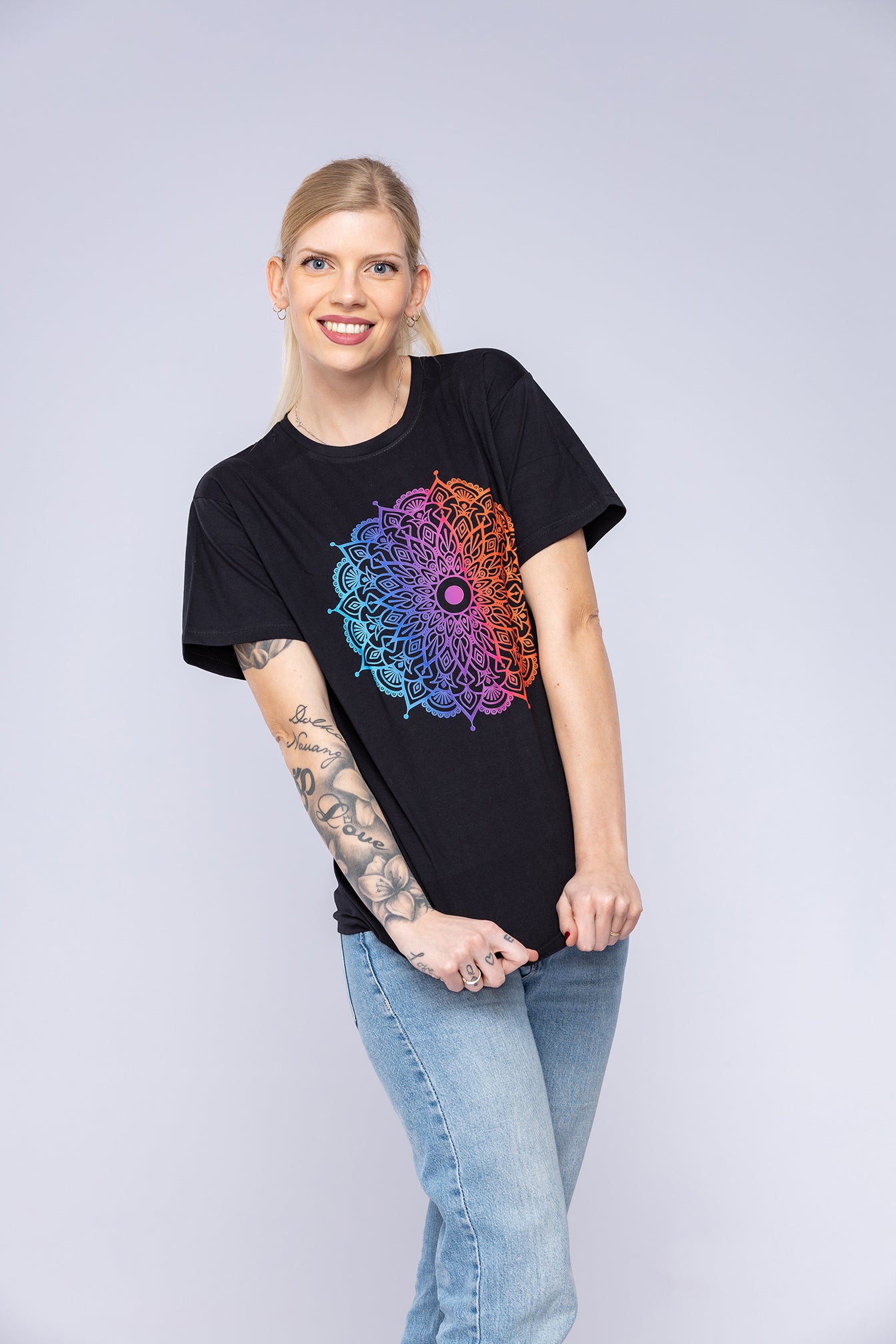 Colourful mandala t-shirt worn by woman